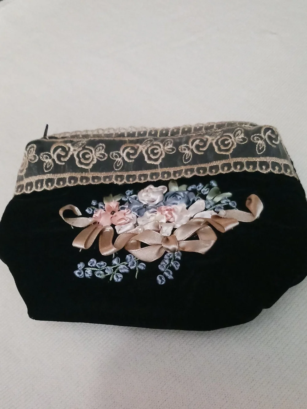 Embroidered Black Velvet Floral Clutch with Satin Ribbon Accents